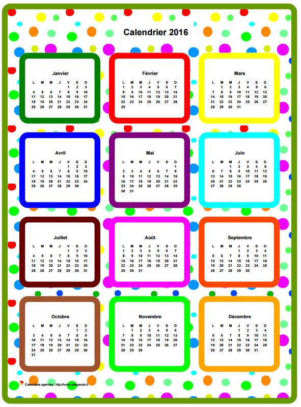 Calendrier 2016 annuel en couleurs
