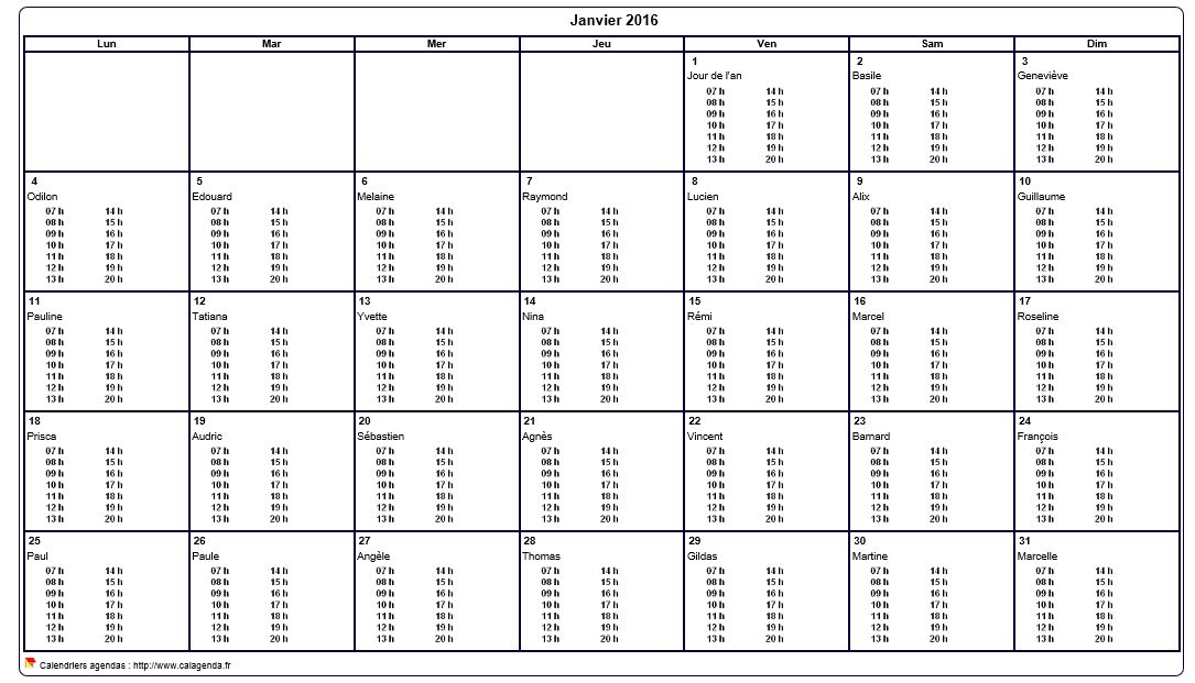 Calendrier mensuel 2016 à imprimer vierge, avec les horaires dans chaque case