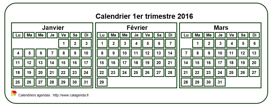 Calendrier 2016 à imprimer trimestriel, format mini de poche, fond blanc