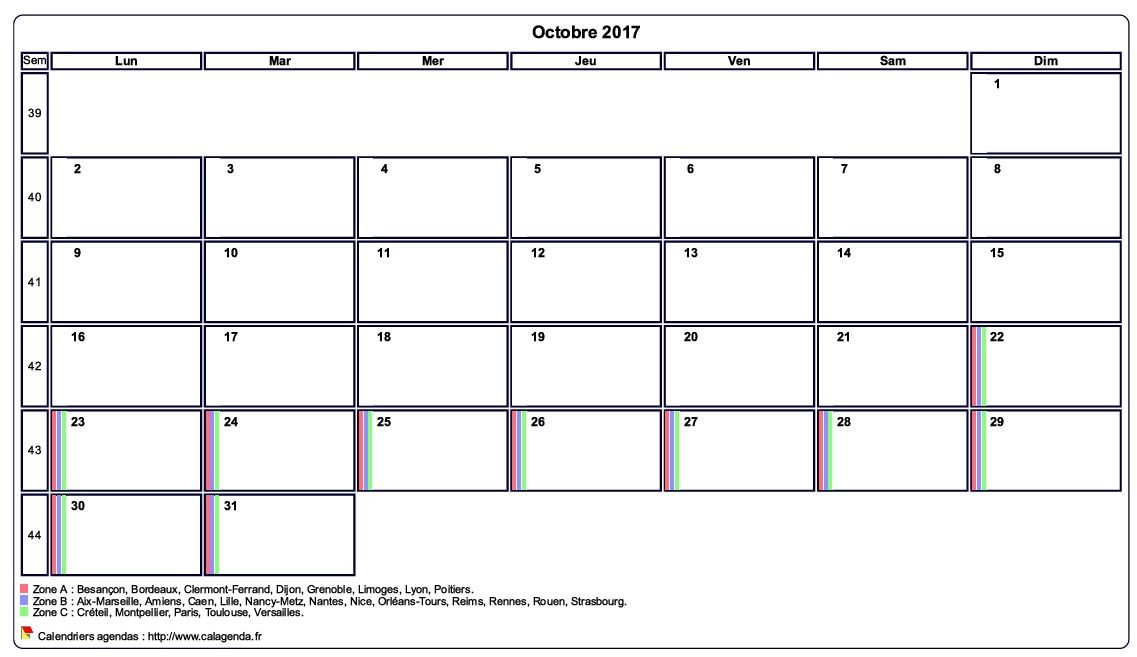 Calendrier octobre 2017 personnalisable avec les vacances scolaires