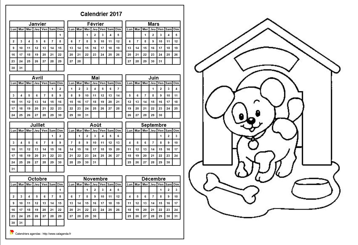 Calendrier 2017 à colorier annuel, format paysage, pour enfants