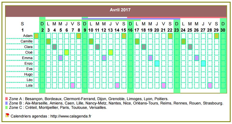 Calendrier 2017 planning horizontal mensuel