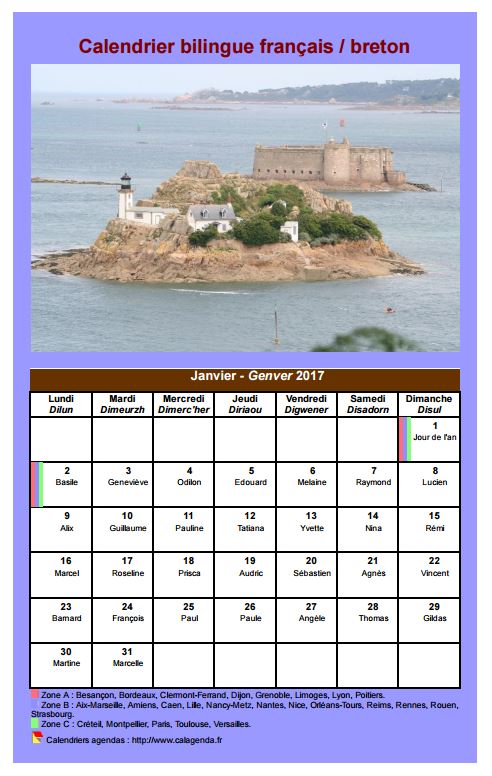 Calendrier mensuel 2017 breton