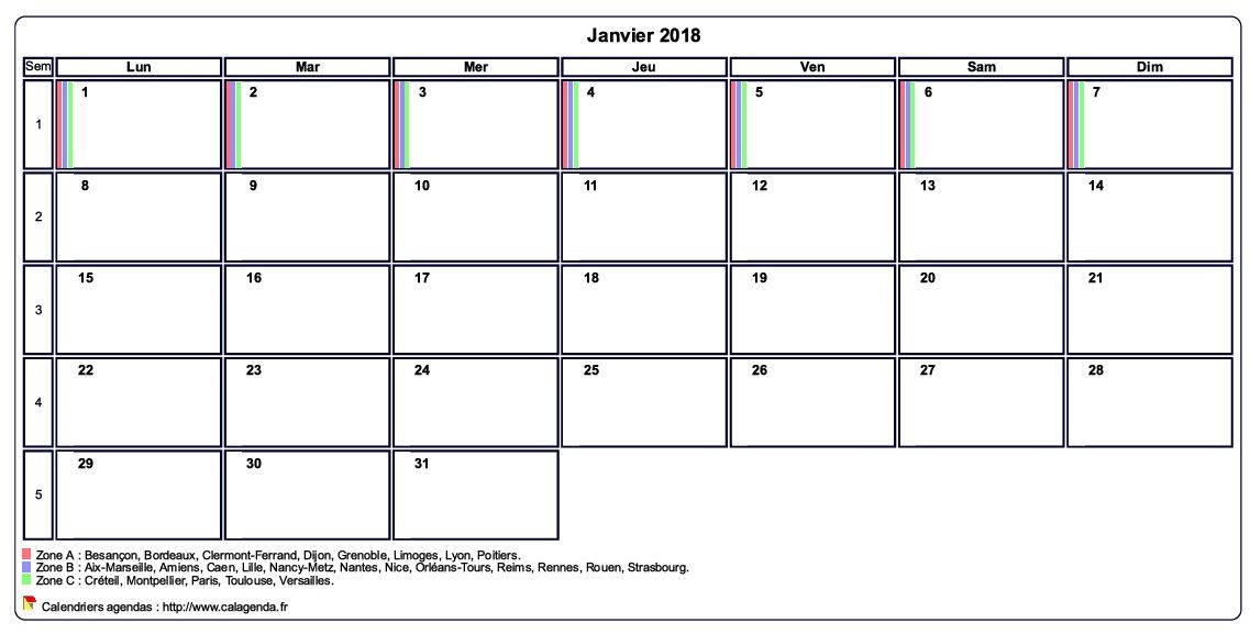 Calendrier janvier 2018 personnalisable avec les vacances scolaires