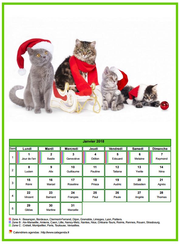 Calendrier janvier 2018 chats