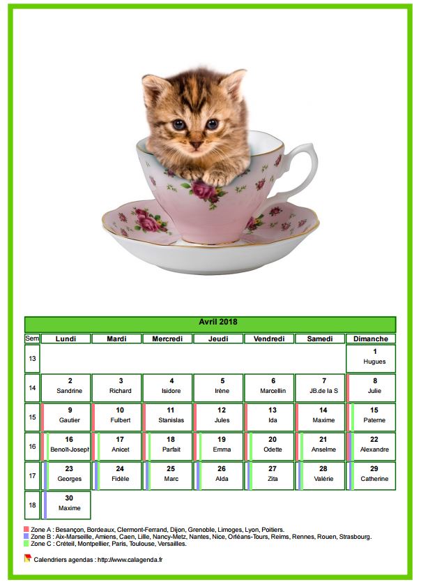 Calendrier avril 2018 chats