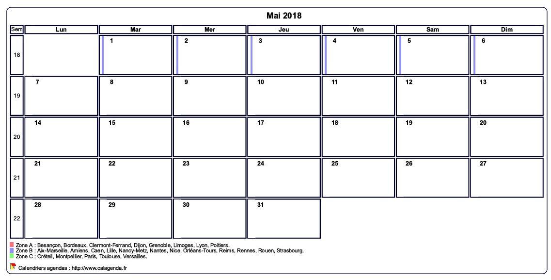 Calendrier mai 2018 personnalisable avec les vacances scolaires