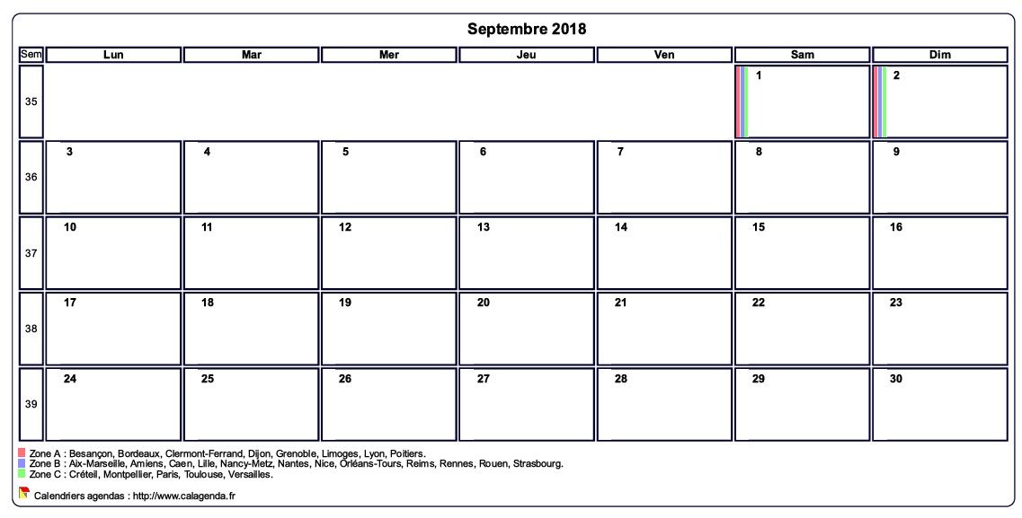 Calendrier septembre 2018 personnalisable avec les vacances scolaires