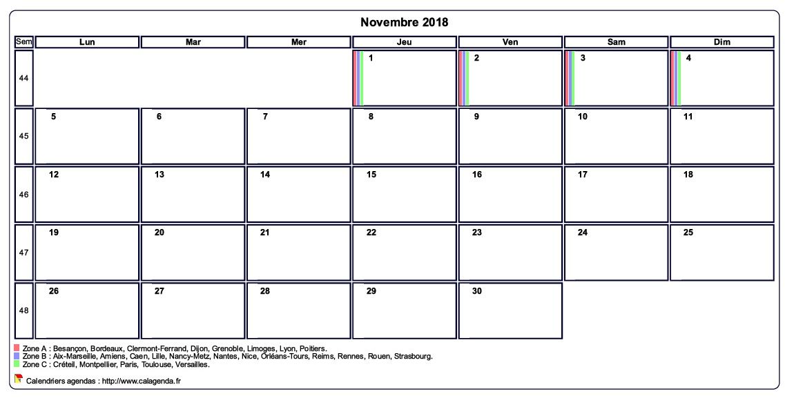 Calendrier novembre 2018 personnalisable avec les vacances scolaires