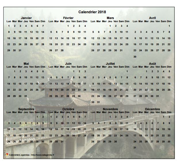 Calendrier 2018 annuel à imprimer, format paysage, quatre colonnes par trois lignes, par dessus une photo