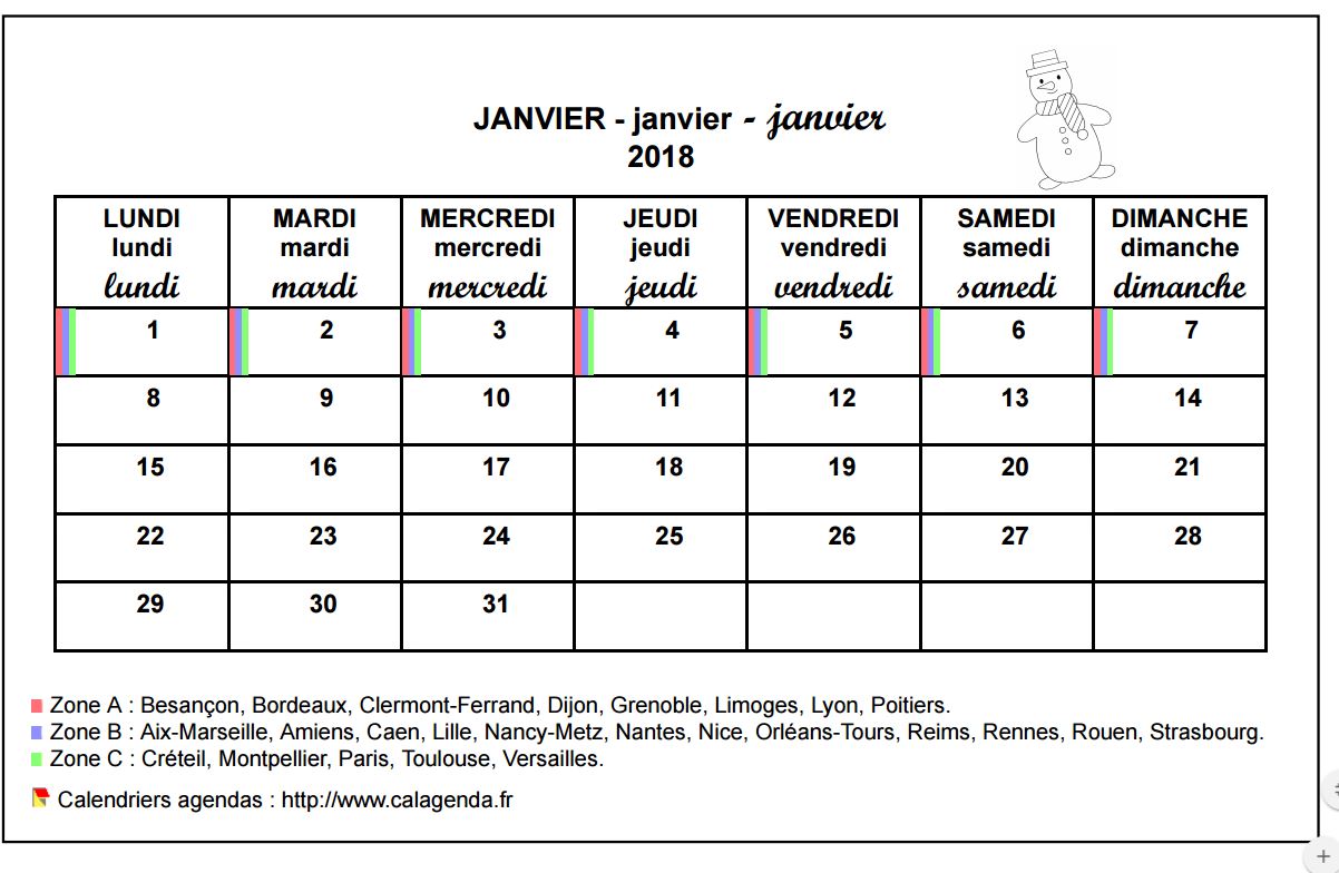 Calendrier mensuel 2018 école primaire et maternelle