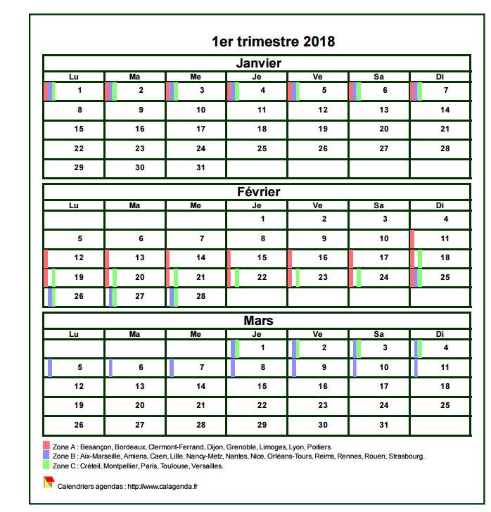Calendrier 2018 à imprimer trimestriel, format mini de poche, avec les vacances scolaires
