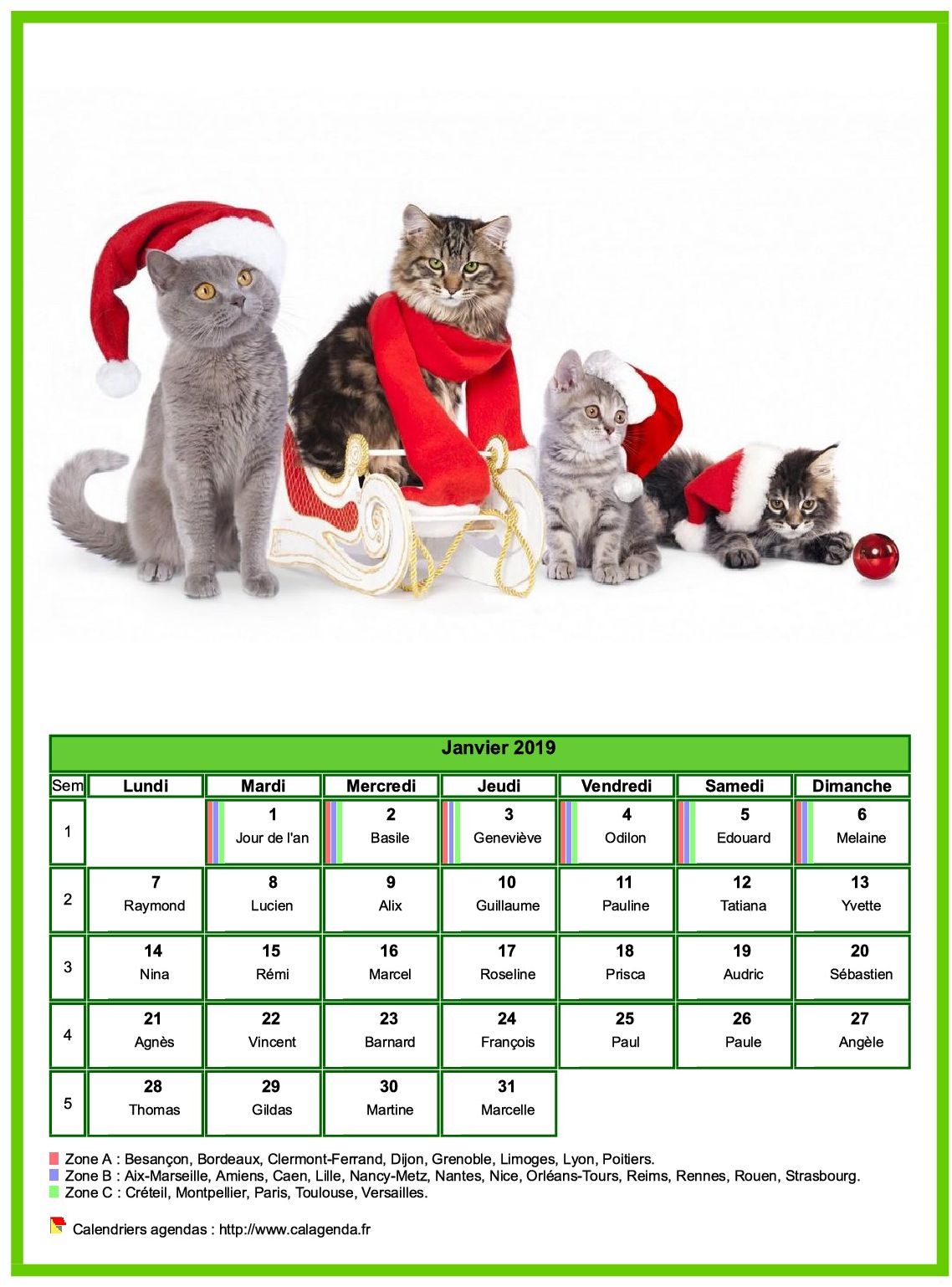 Calendrier janvier 2019 chats