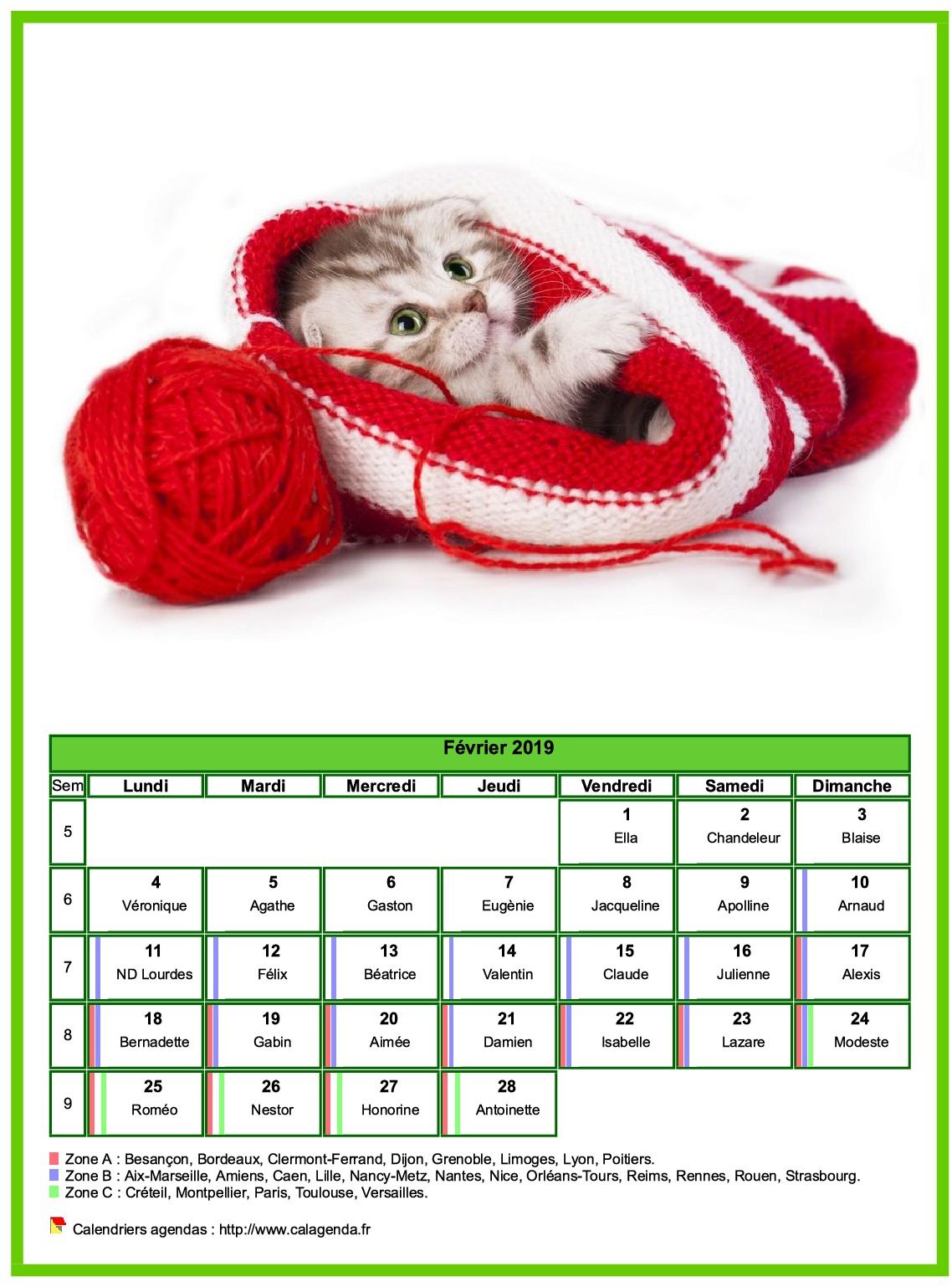 Calendrier Fevrier 19 Chats