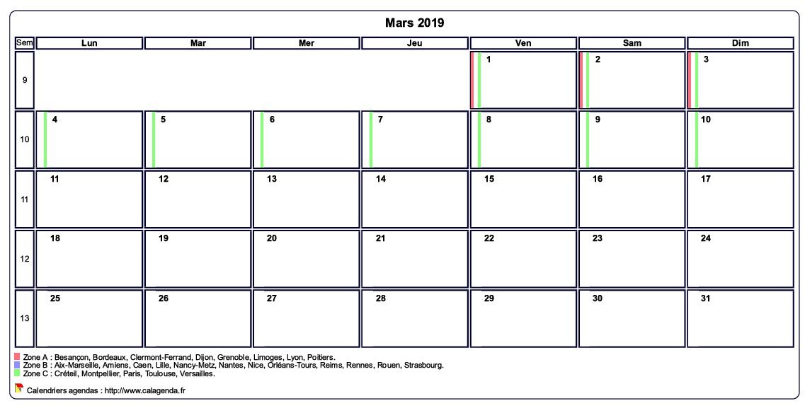 Calendrier mars 2019 personnalisable avec les vacances scolaires