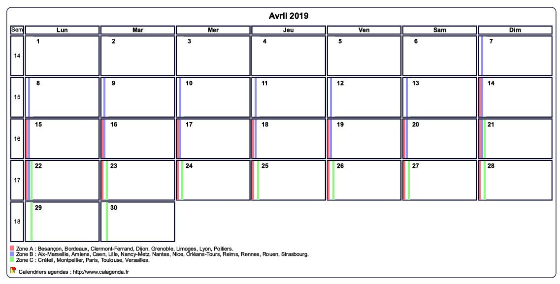 Calendrier avril 2019 personnalisable avec les vacances scolaires