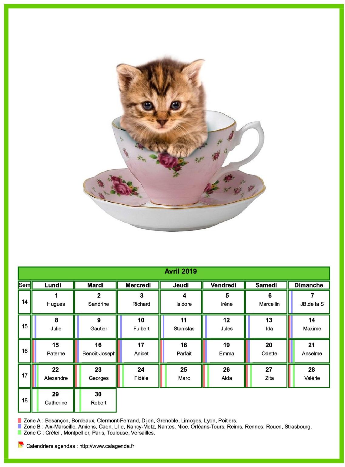 Calendrier avril 2019 chats