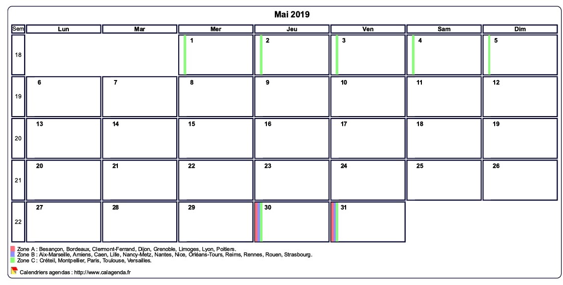 Calendrier mai 2019 personnalisable avec les vacances scolaires
