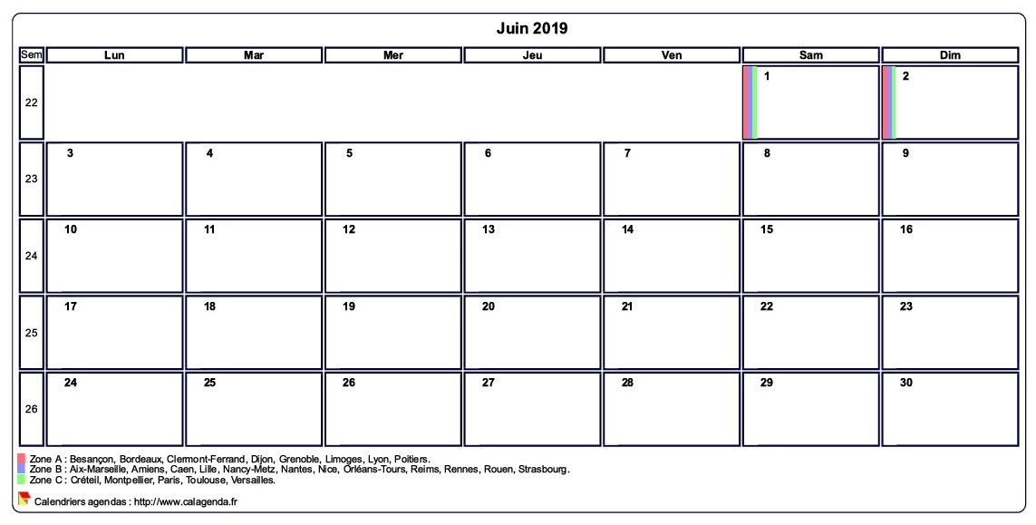 Calendrier juin 2019 personnalisable avec les vacances scolaires