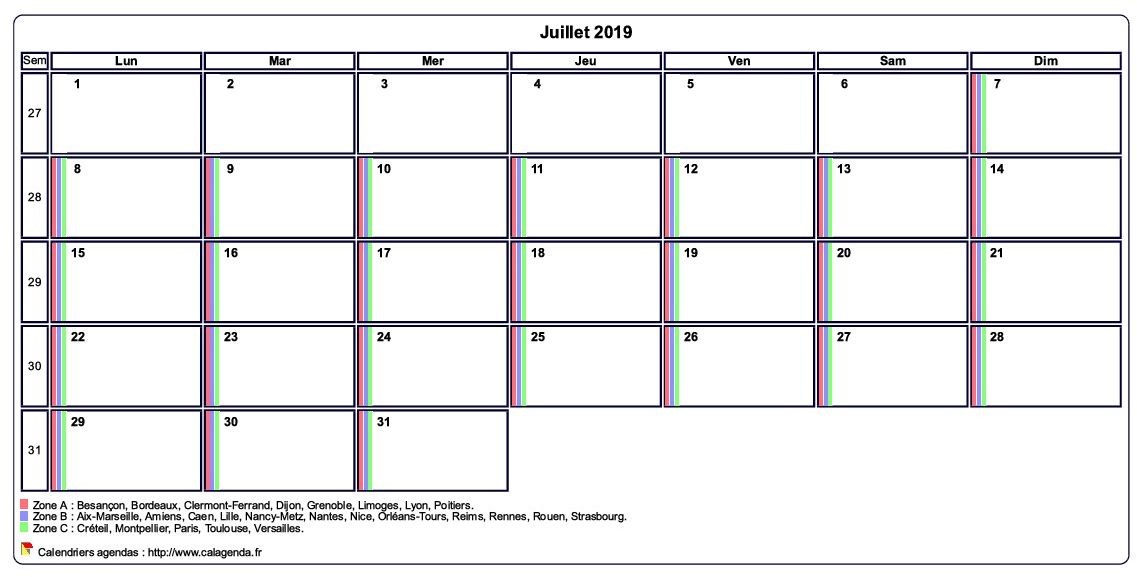 Calendrier juillet 2019 personnalisable avec les vacances scolaires