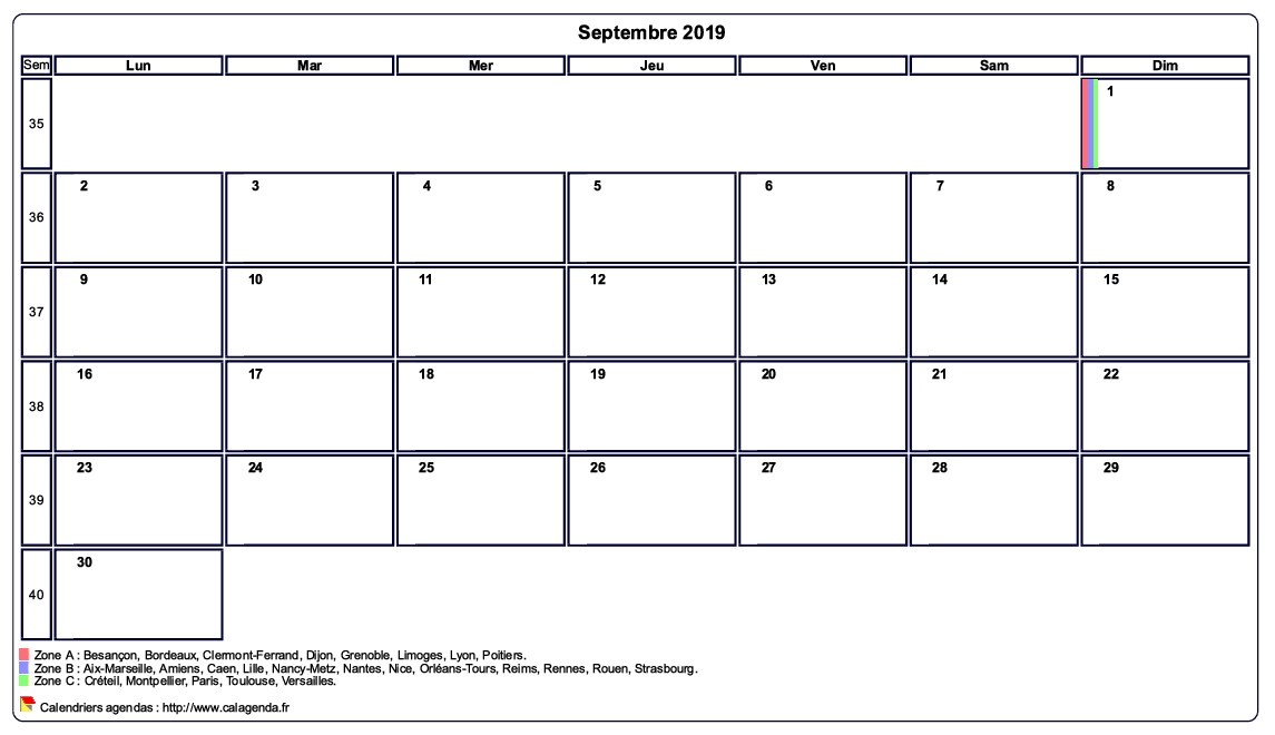 Calendrier septembre 2019 personnalisable avec les vacances scolaires
