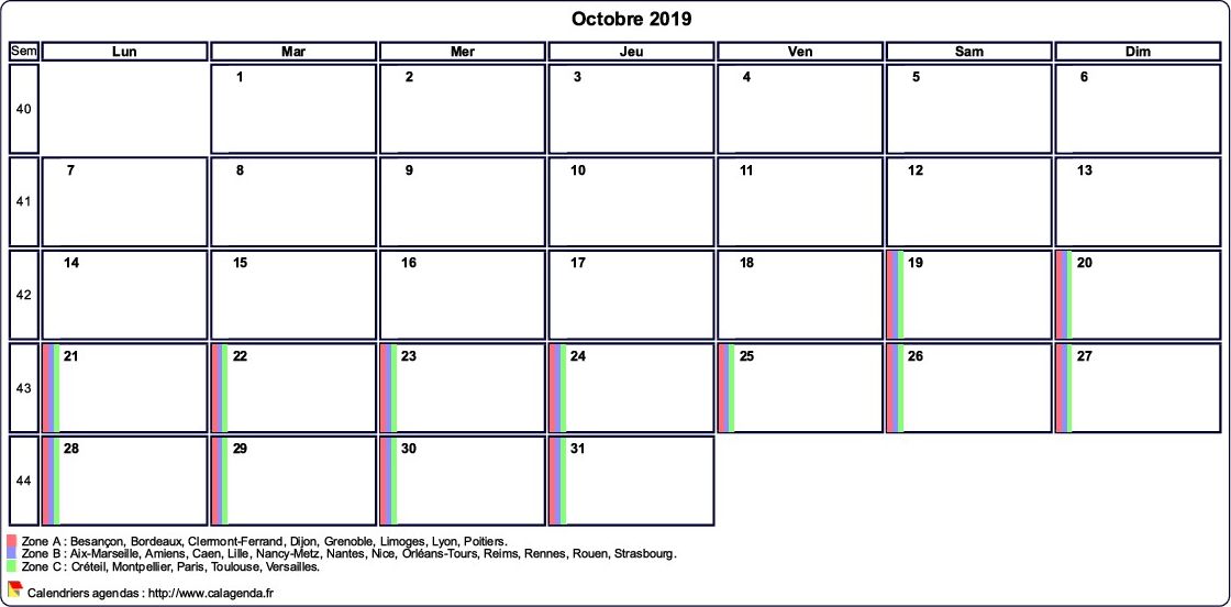 Calendrier octobre 2019 personnalisable avec les vacances scolaires