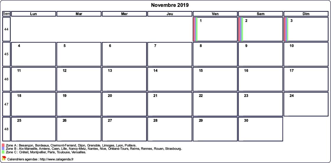 Calendrier novembre 2019 personnalisable avec les vacances scolaires