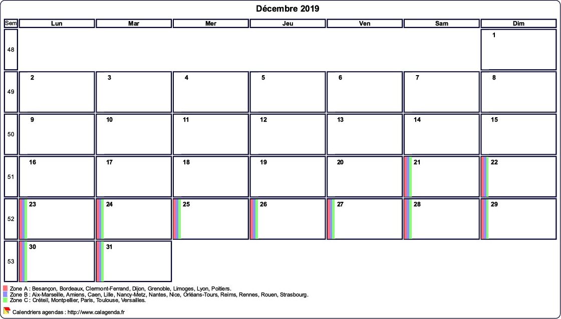 Calendrier décembre 2019 personnalisable avec les vacances scolaires