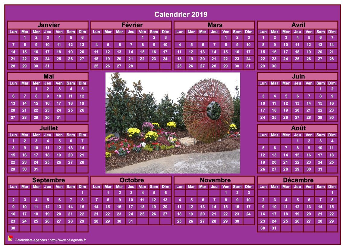 Calendrier 2019 photo annuel à imprimer, fond rose, format paysage, sous-main ou mural