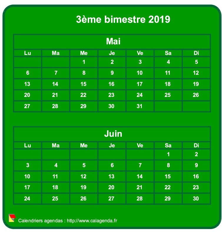 Calendrier 2019 à imprimer bimestriel, format mini de poche, vertical, fond vert