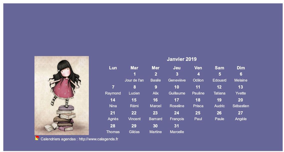Calendrier mensuel 2019 Gorjuss
