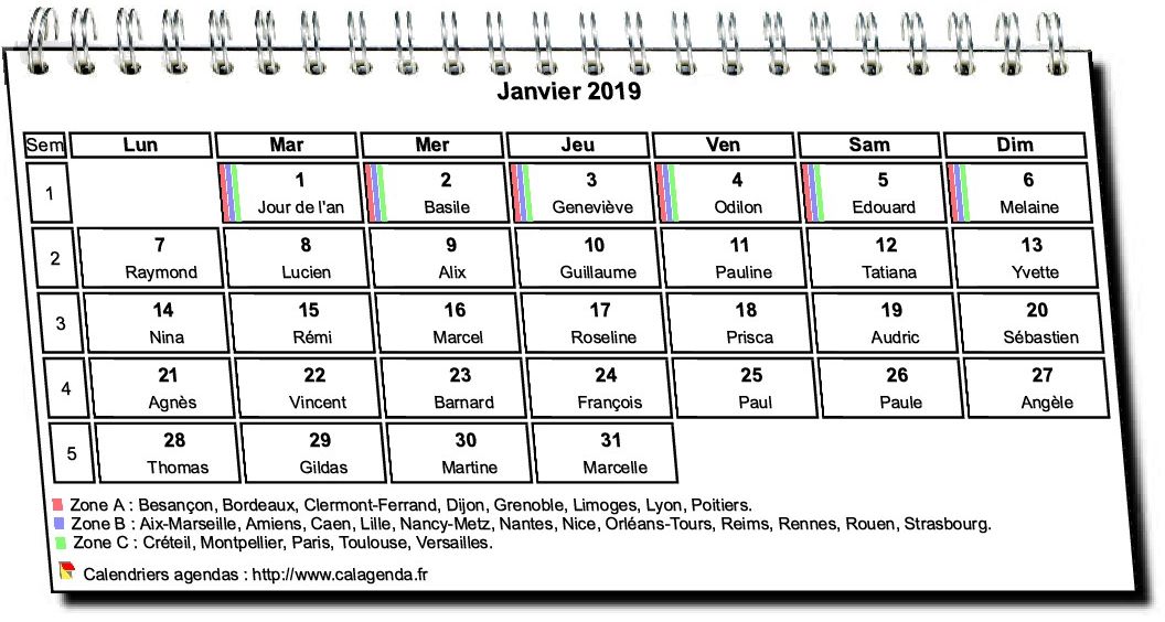 Calendrier mensuel 2019 à spirales