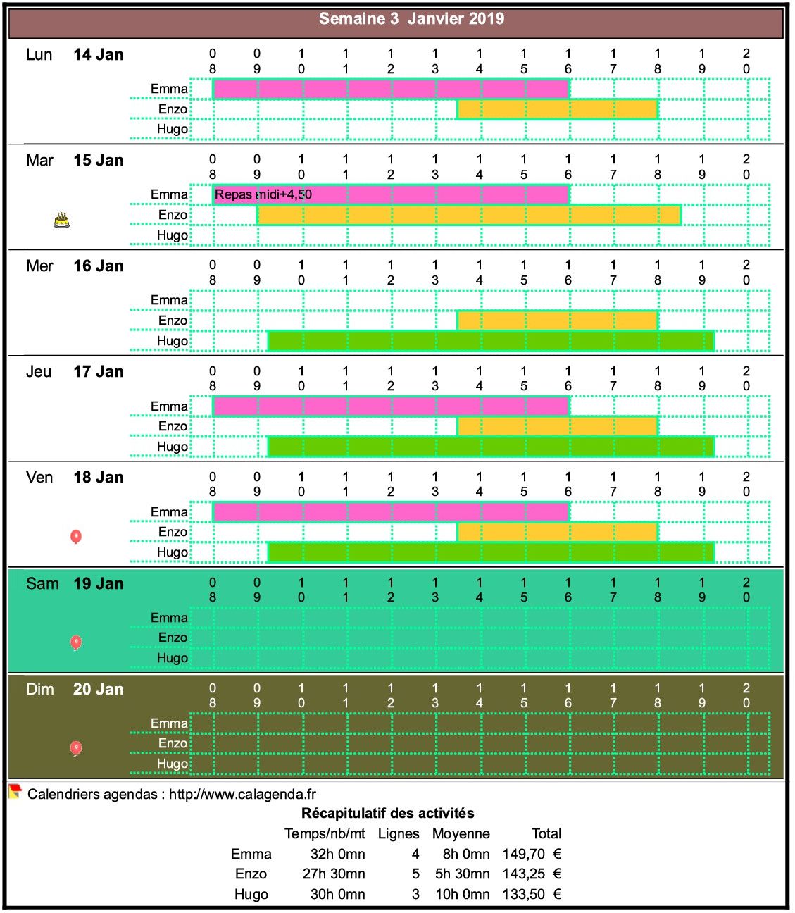 Planning assistante maternelle hebdomadaire vertical