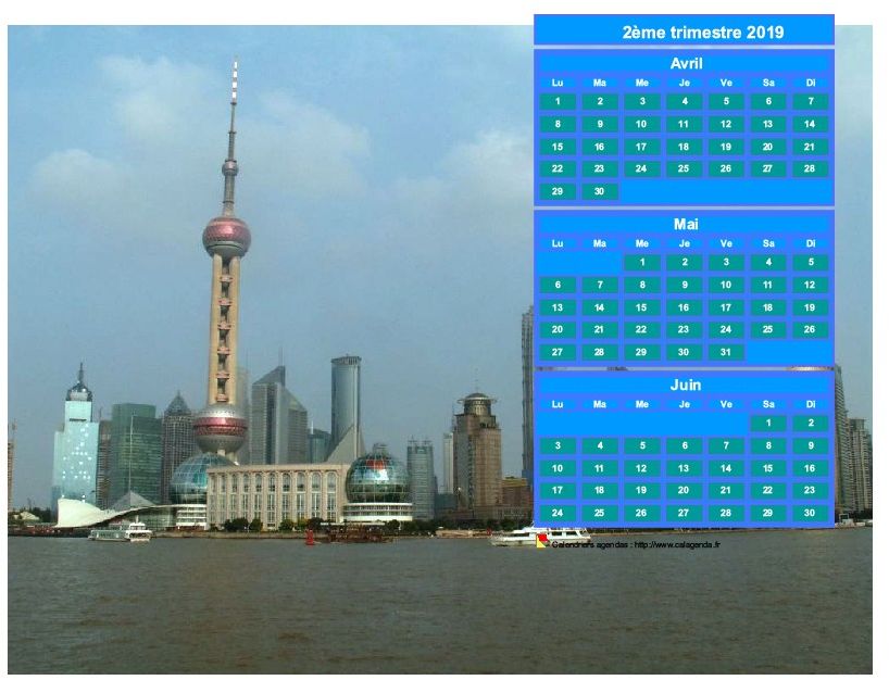 Calendrier 2019 à imprimer trimestriel, format paysage, au dessus de la partie droite d'une photo (Shangaï).