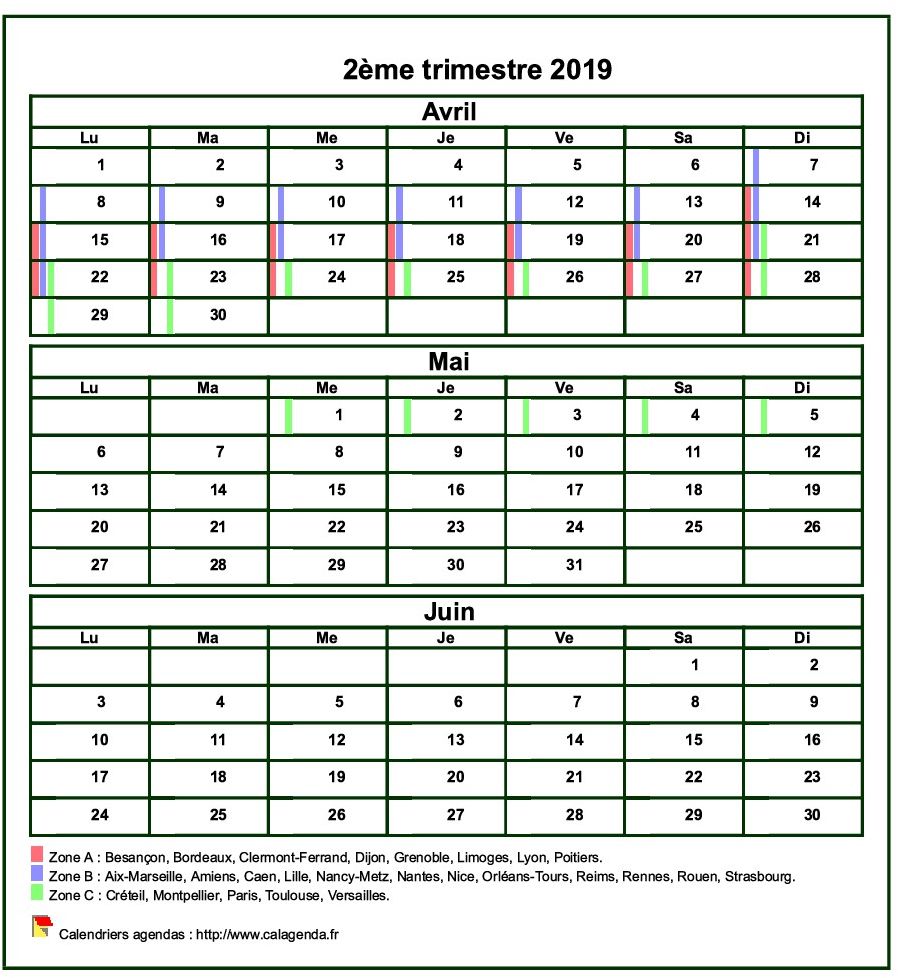 Calendrier 2019 à imprimer trimestriel, format mini de poche, avec les vacances scolaires