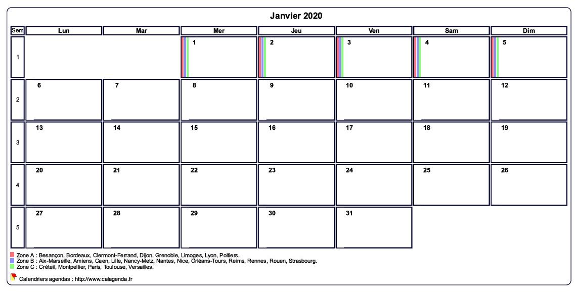 Calendrier janvier 2020 personnalisable avec les vacances scolaires