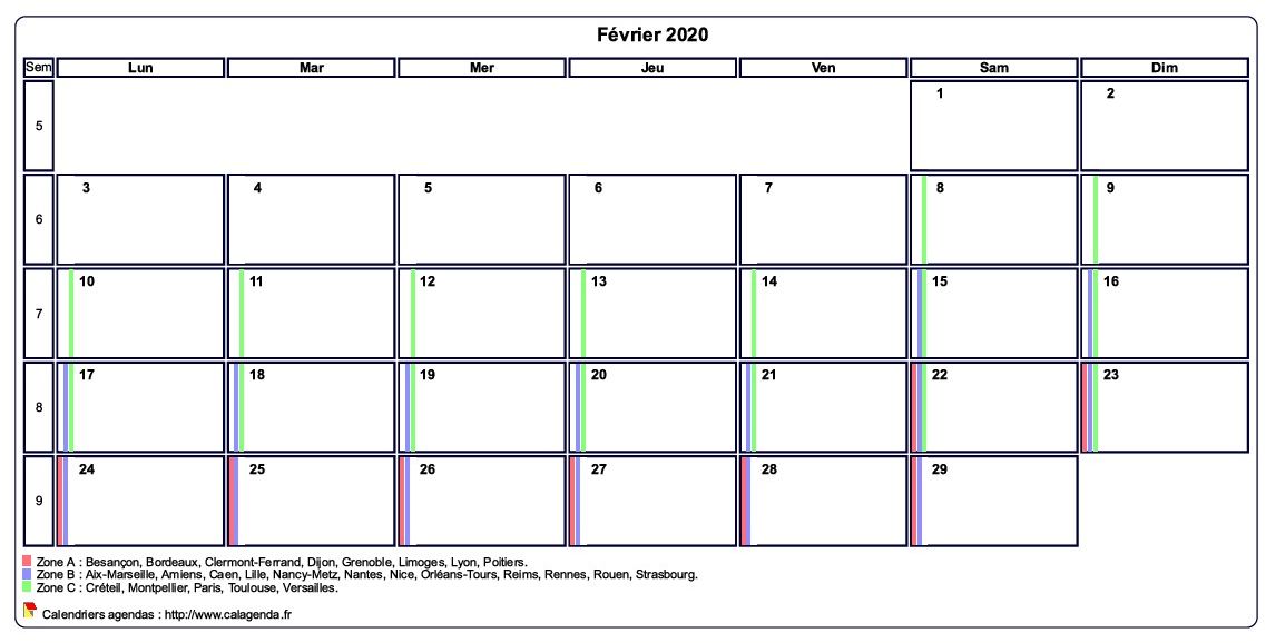 Calendrier février 2020 personnalisable avec les vacances scolaires