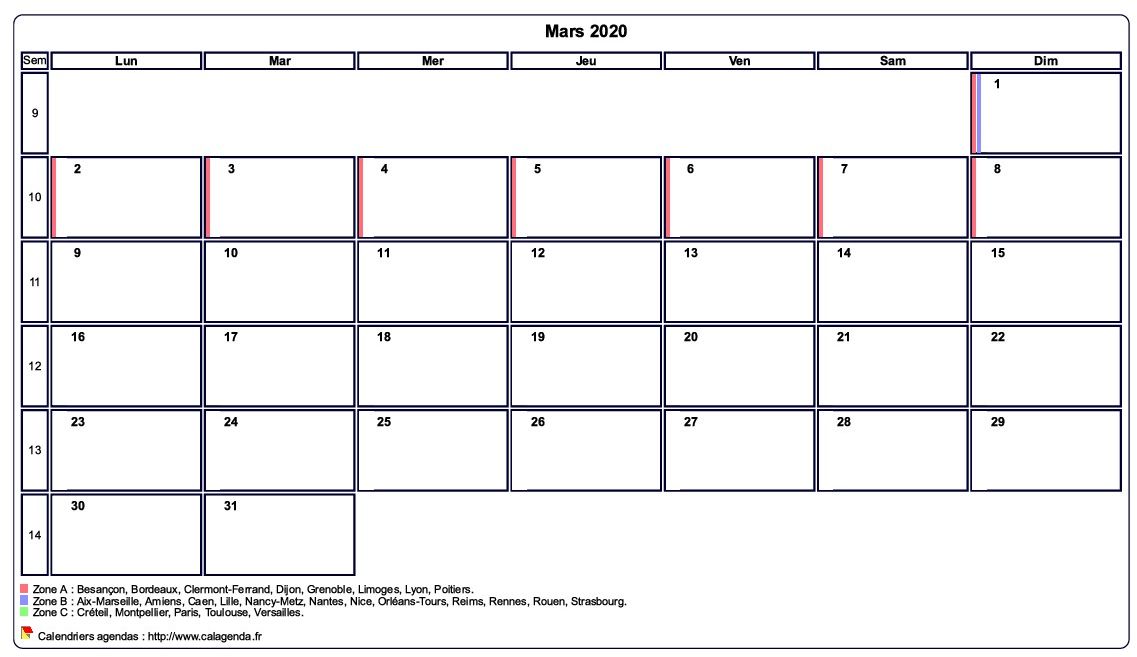 Calendrier mars 2020 personnalisable avec les vacances scolaires