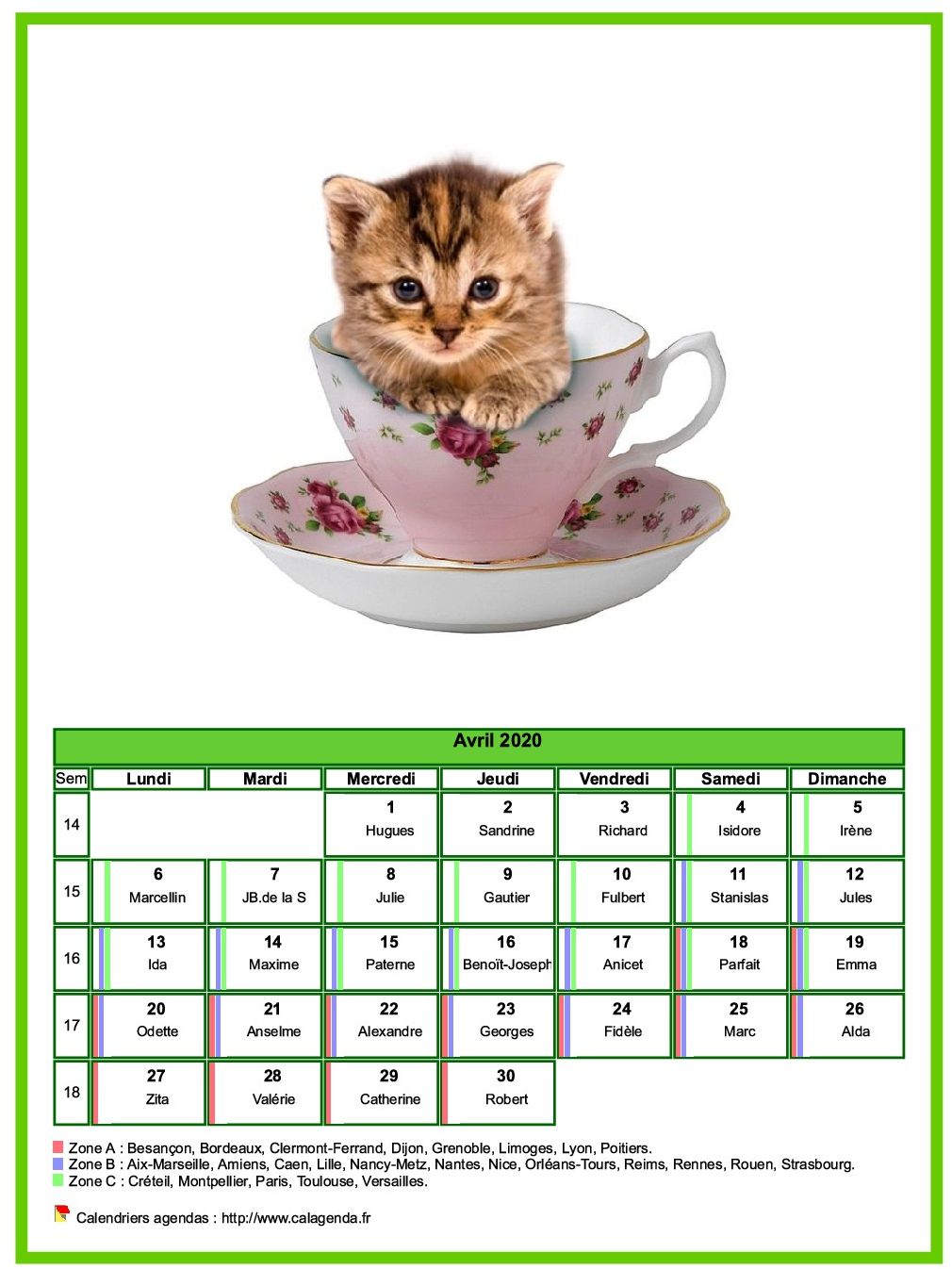 Calendrier avril 2020 chats