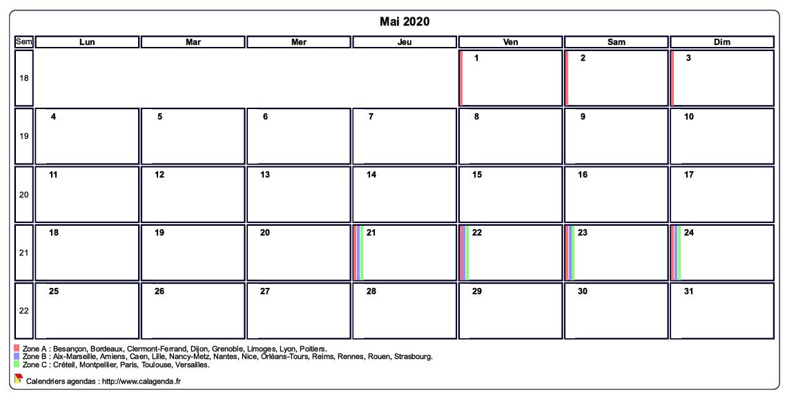 Calendrier mai 2020 personnalisable avec les vacances scolaires