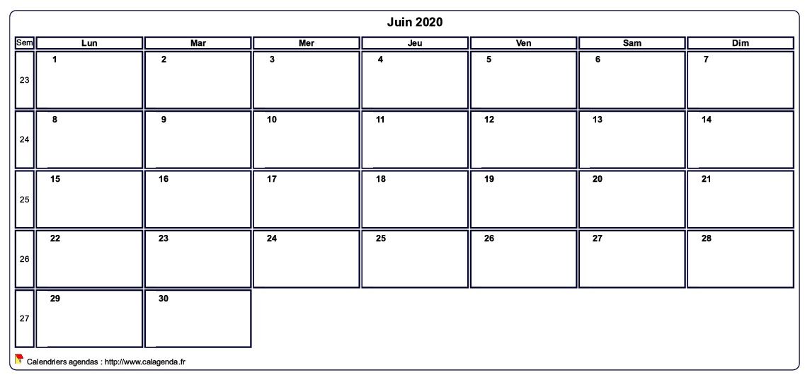 Calendrier juin 2020 personnalisable avec les vacances scolaires