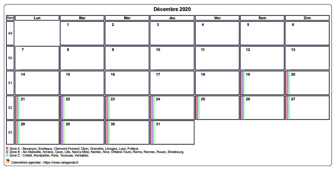Calendrier décembre 2020 personnalisable avec les vacances scolaires