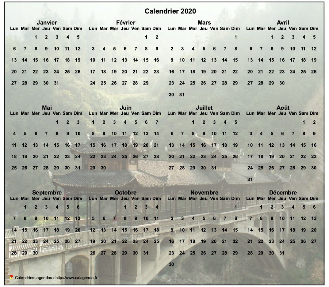 Calendrier 2020 annuel à imprimer, format paysage, quatre colonnes par trois lignes, par dessus une photo