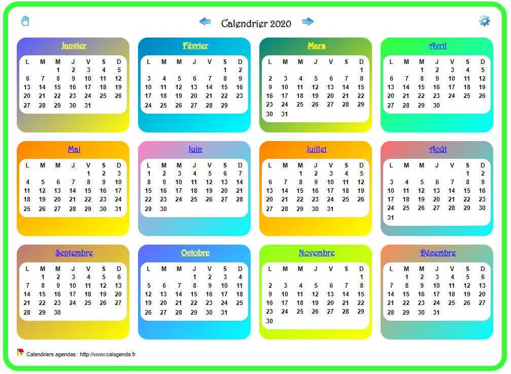 Calendrier 2020 annuel avec plusieurs dégradés de couleur