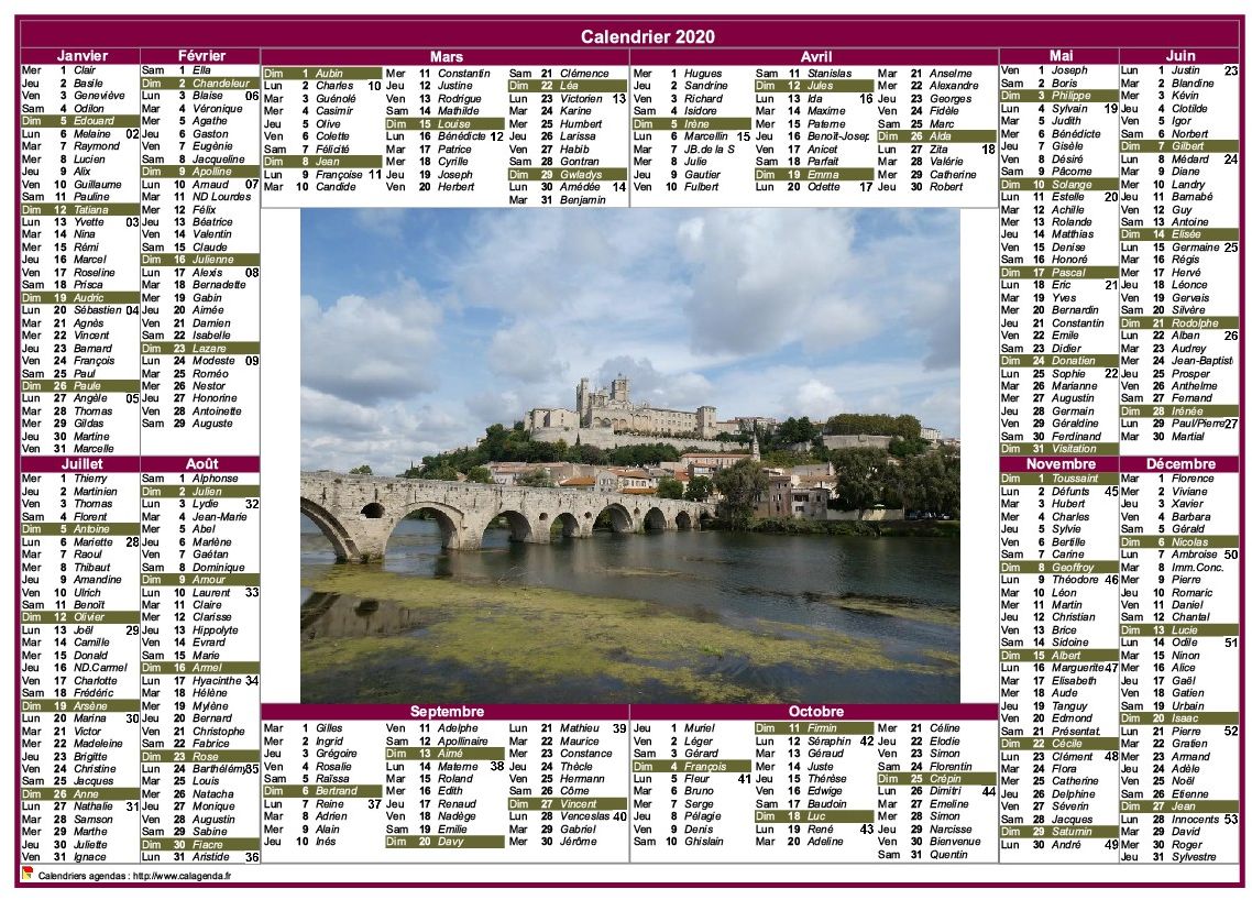 Calendrier annuel style postes format paysage