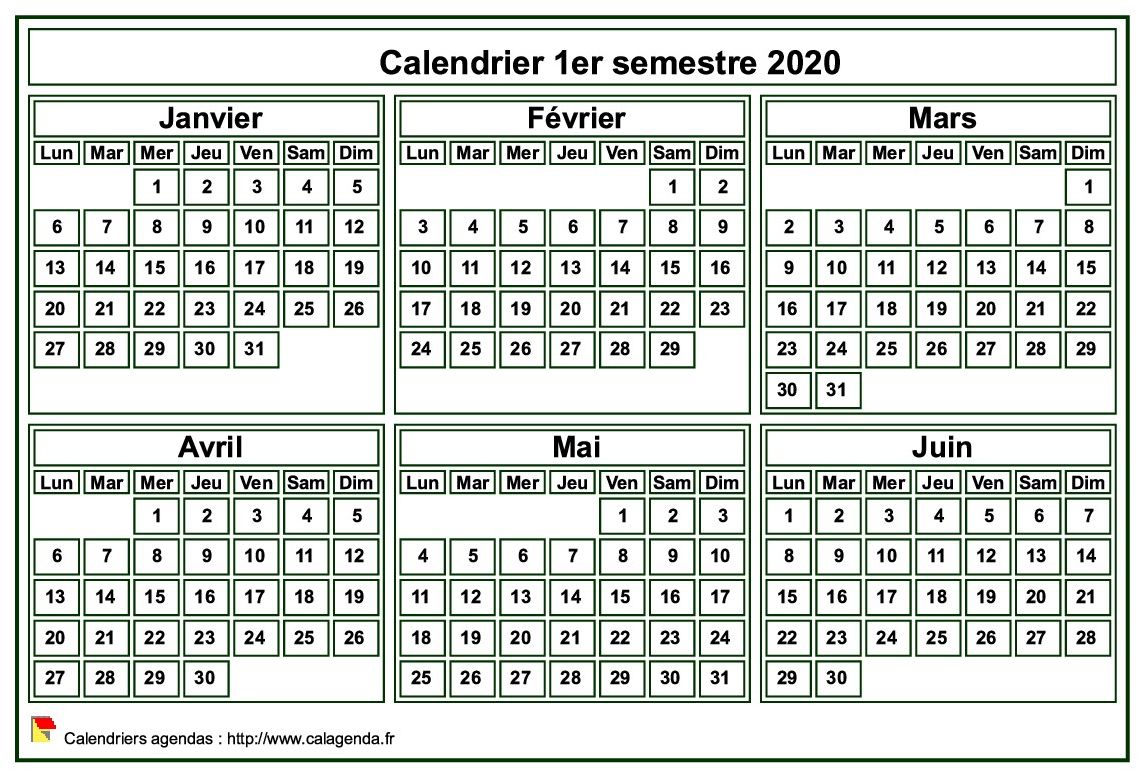 Calendrier 2020 à imprimer, semestriel, format mini de poche, fond blanc