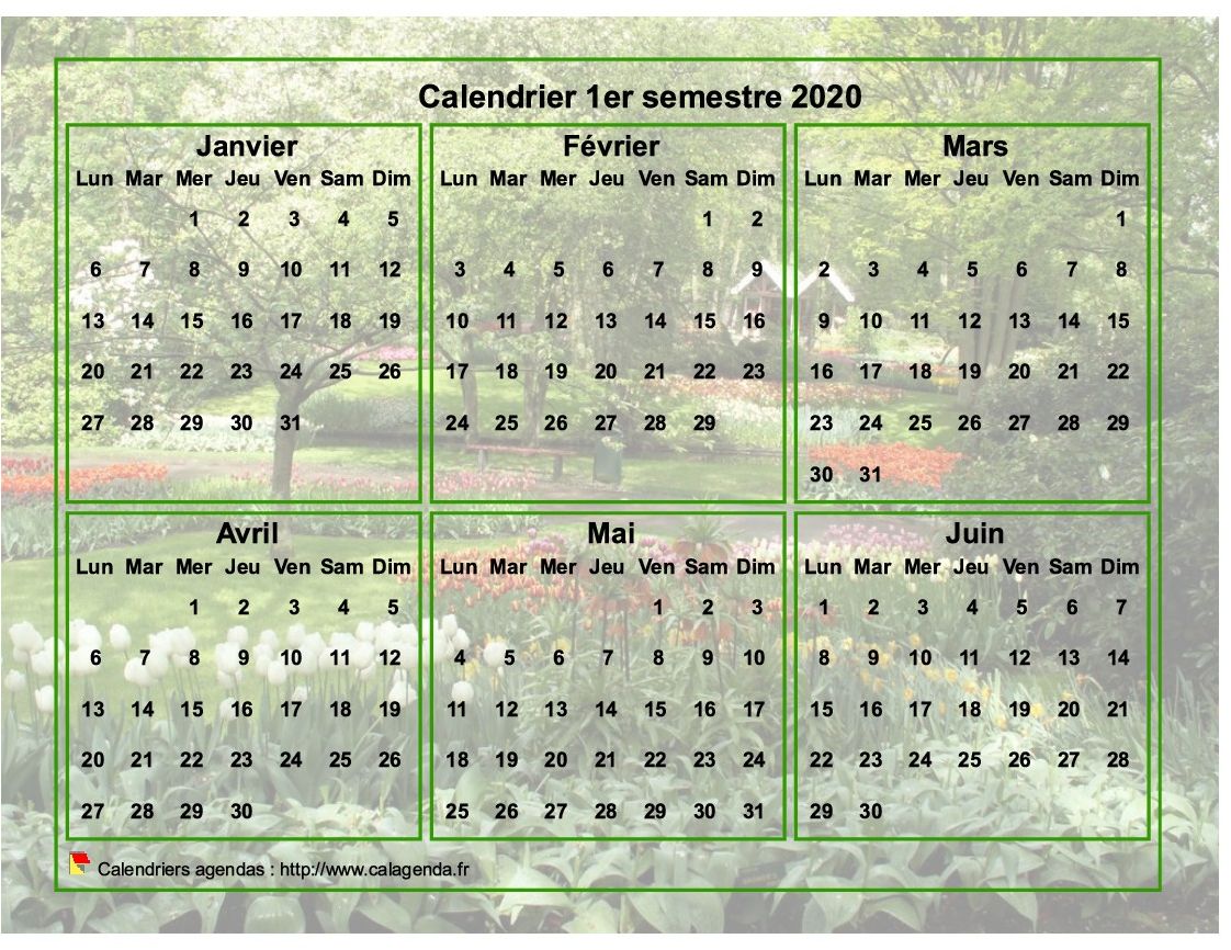 Calendrier 2020 à imprimer semestriel, format paysage, avec photo en fond de calendrier