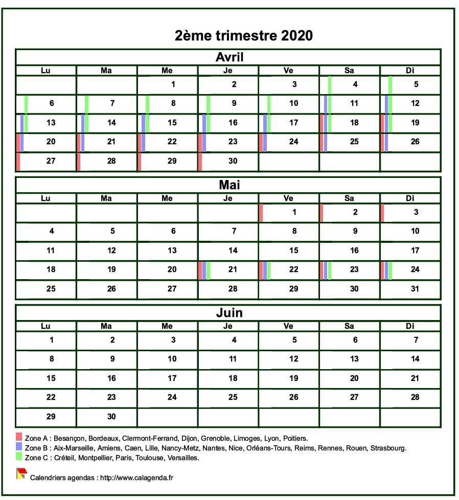 Calendrier 2020 à imprimer trimestriel, format mini de poche, avec les vacances scolaires