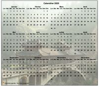 Calendrier 2020 annuel à imprimer, format paysage, quatre colonnes par trois lignes, par dessus une photo