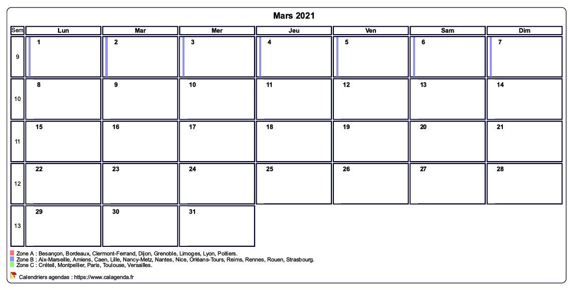 Calendrier mars 2021 personnalisable avec les vacances scolaires